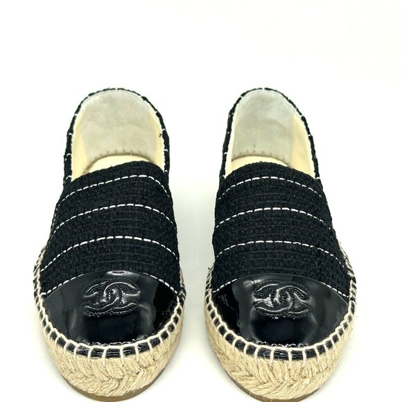 CHANEL 15S 2015 Classic Tweed Patent Cap Toe CC Logo Espadrilles Flats Shoes - Picture 6 of 16